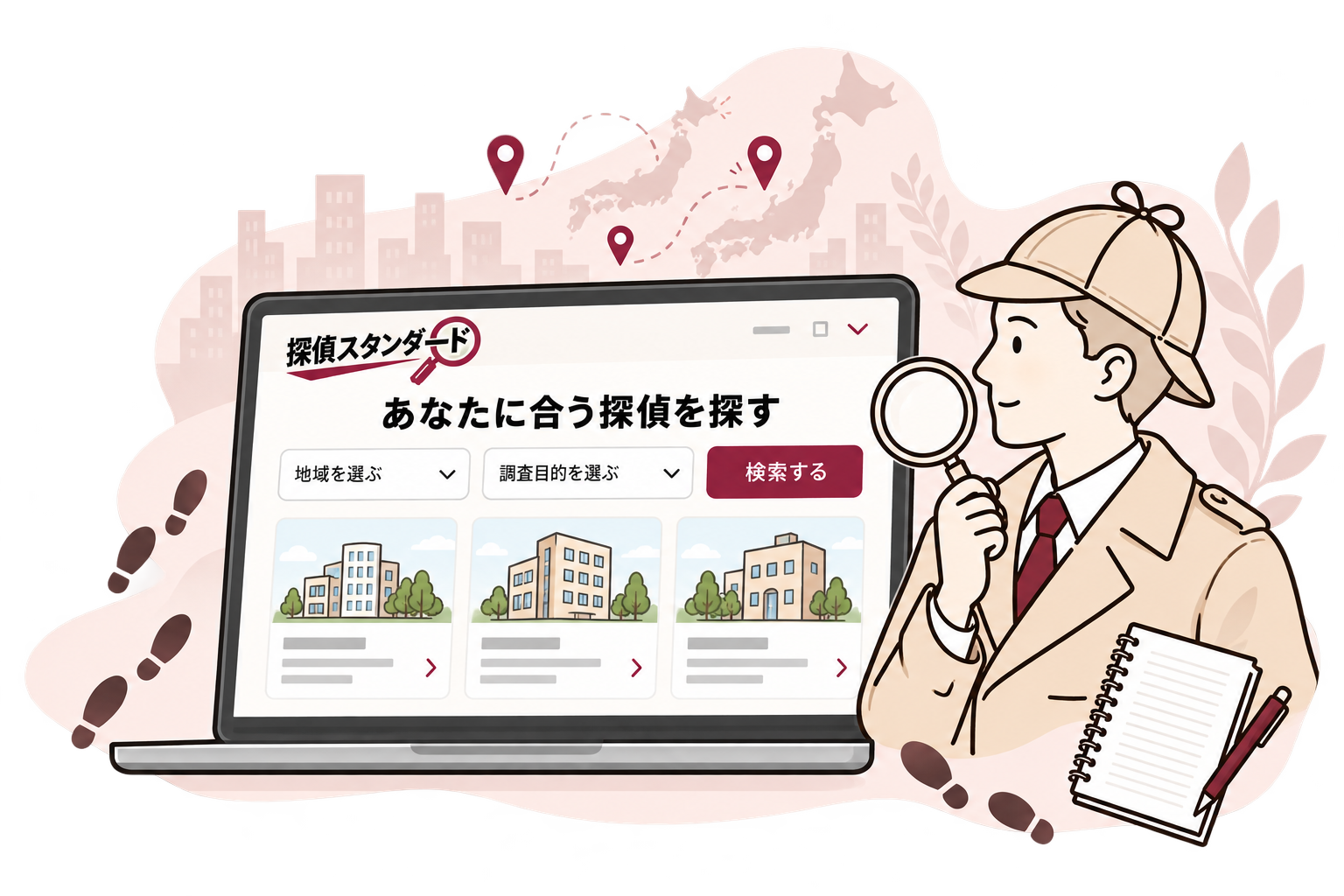 探偵事務所を地域・調査目的から探すポータル画面と探偵のイラスト