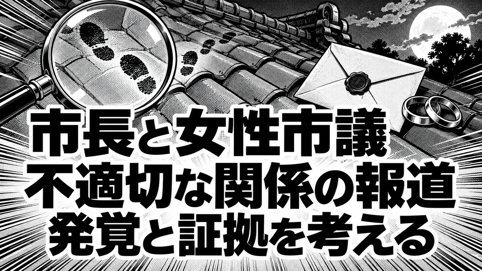 白黒漫画の象徴イラスト。「市長と女性市議/不適切な関係の報道/発覚と証拠を考える」の見出し