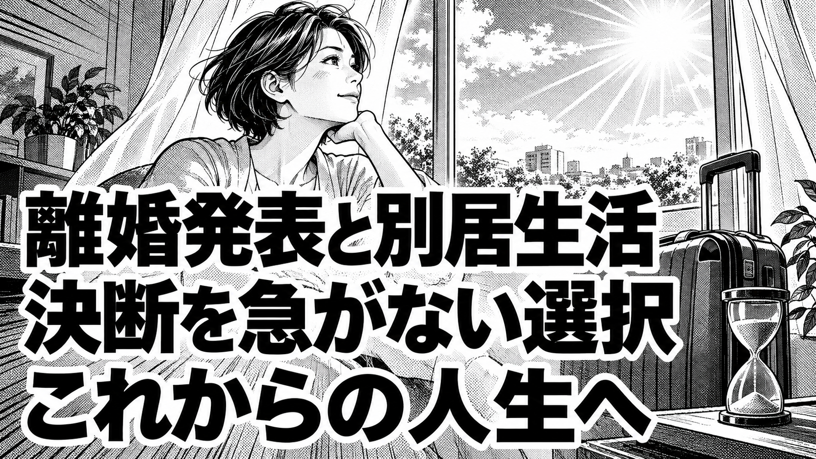 白黒漫画の象徴イラスト。「離婚発表と別居生活/決断を急がない選択/これからの人生へ」の見出し