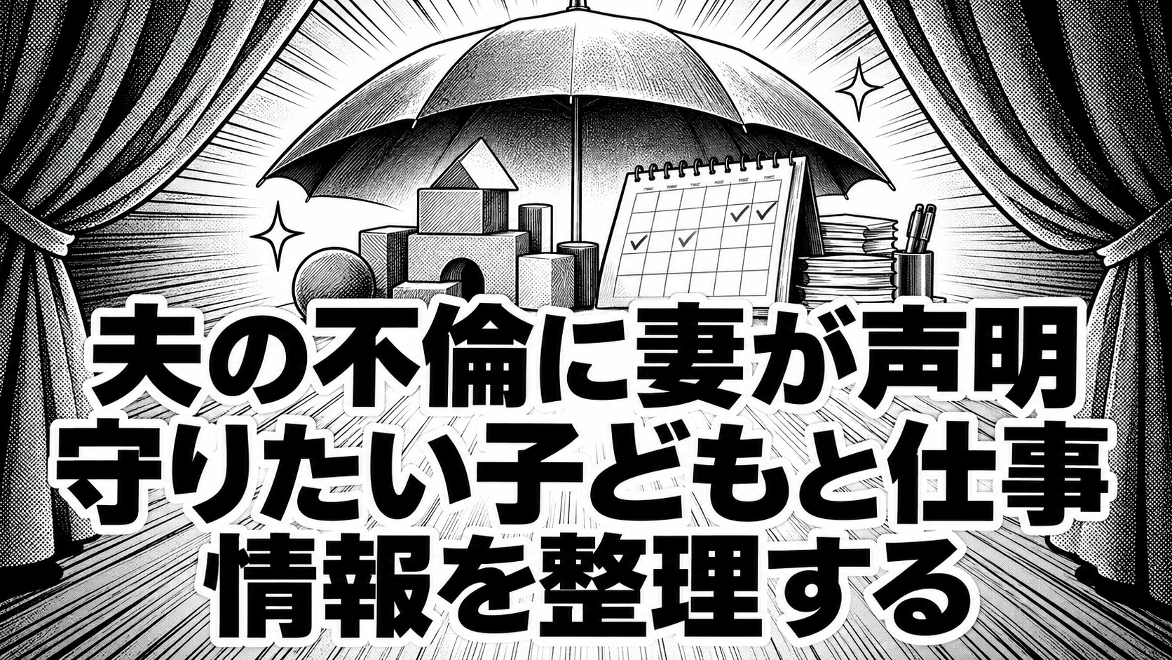 白黒漫画の象徴イラスト。「夫の不倫に妻が声明/守りたい子どもと仕事/情報を整理する」の見出し