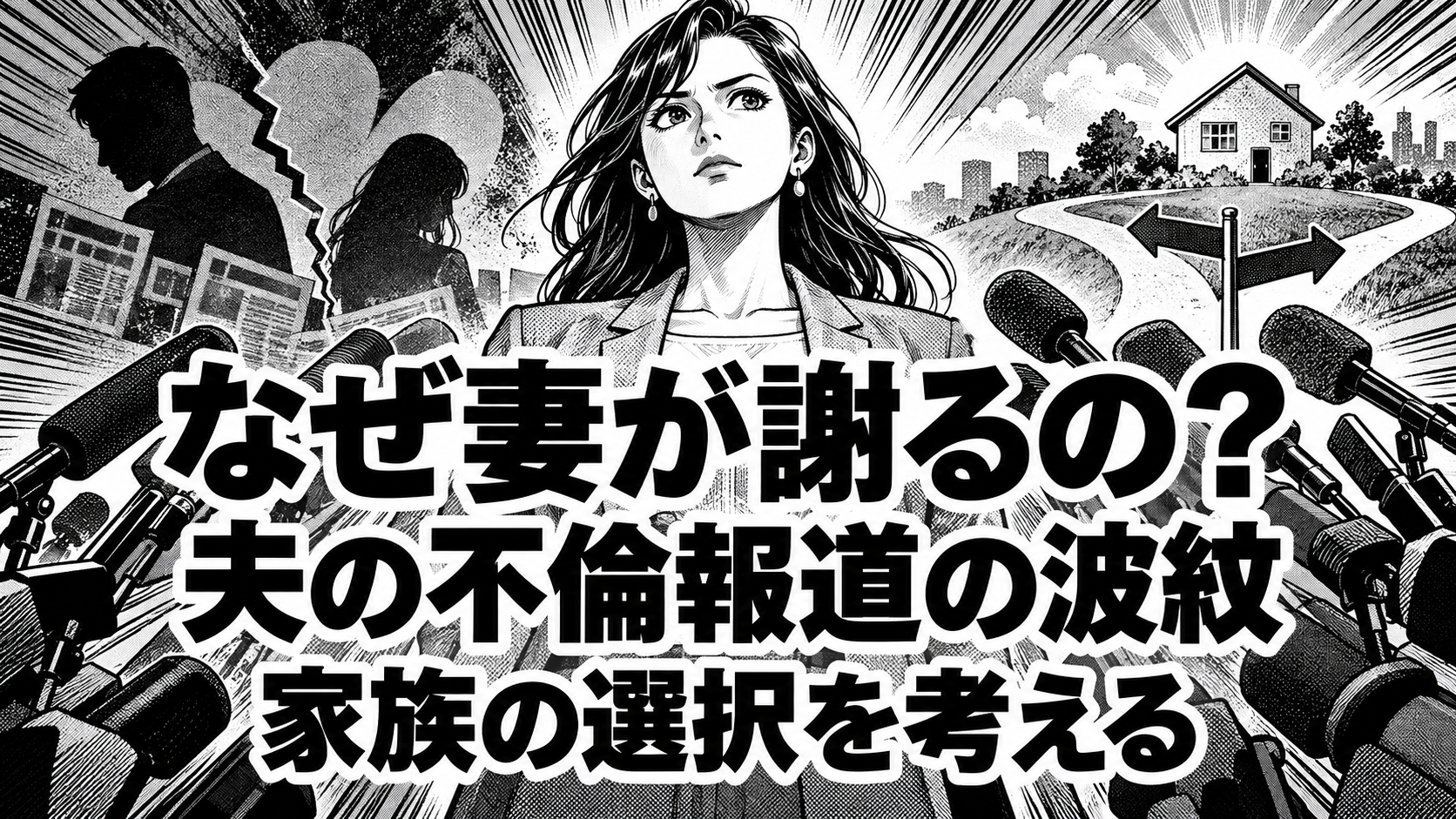 白黒漫画の象徴イラスト。「なぜ妻が謝るの？／夫の不倫報道の波紋／家族の選択を考える」の見出し