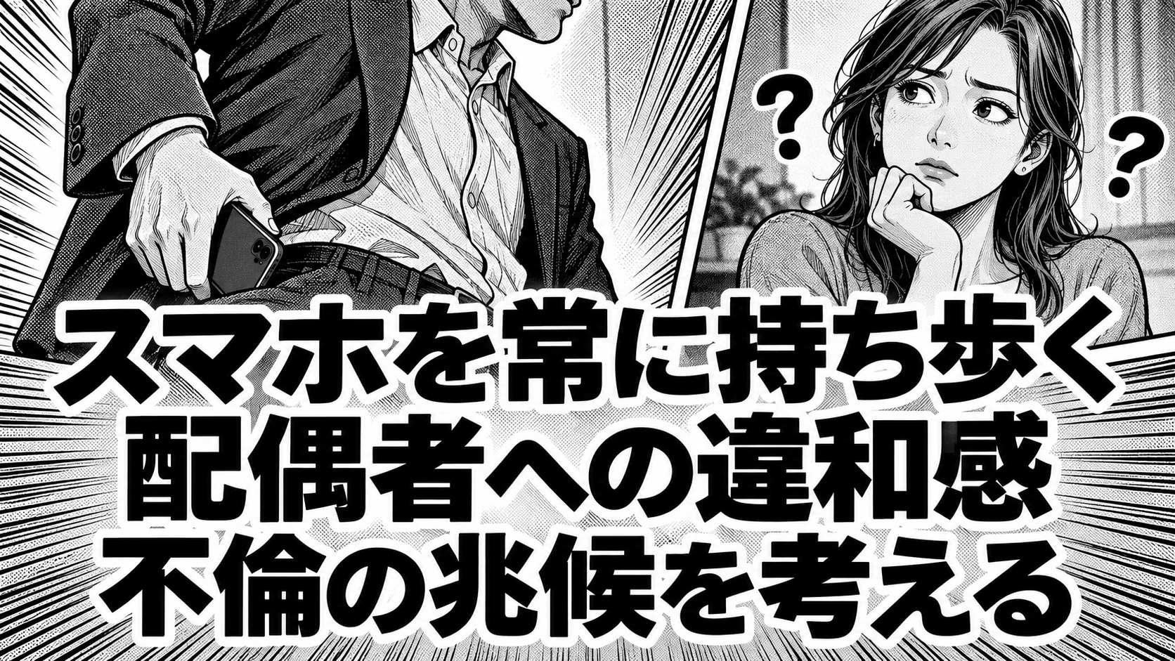白黒漫画の象徴イラスト。「スマホを常に持ち歩く/配偶者への違和感/不倫の兆候を考える」の見出し