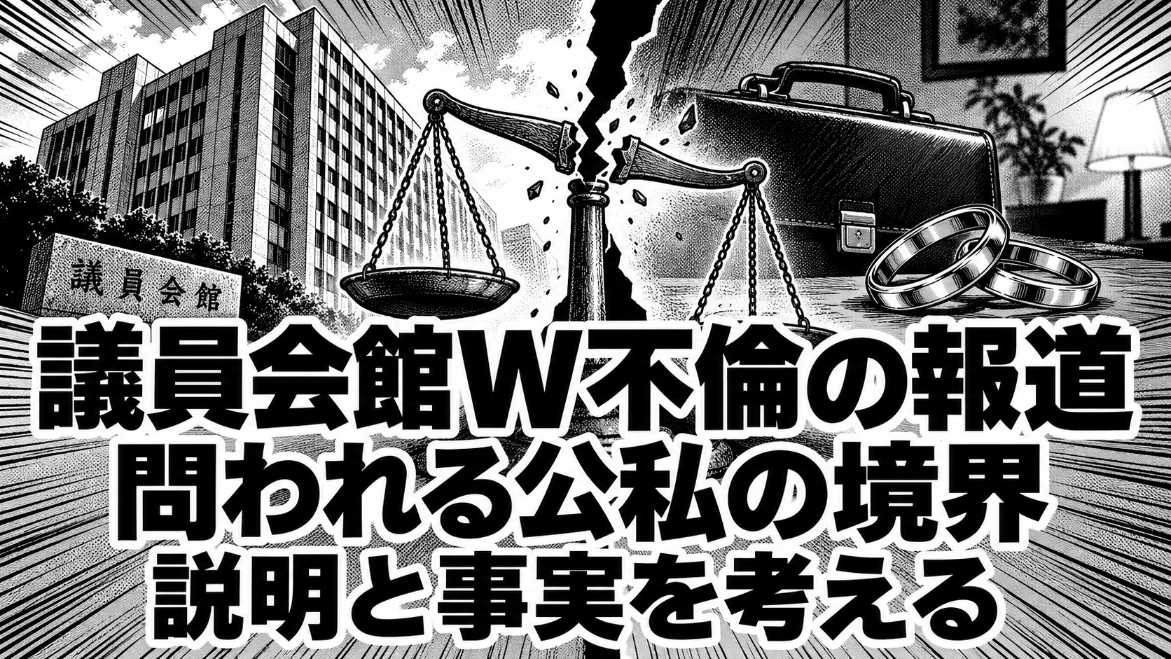 白黒漫画の象徴イラスト。「議員会館W不倫の報道／問われる公私の境界／説明と事実を考える」の見出し