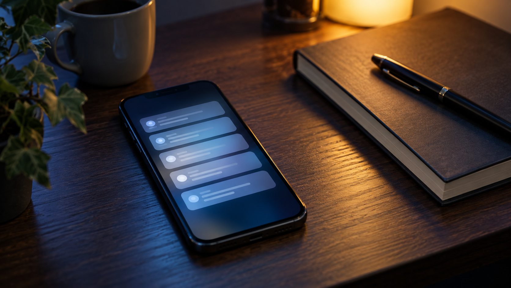 通知が並ぶスマートフォンと記録用のノートを置いた机のイメージ