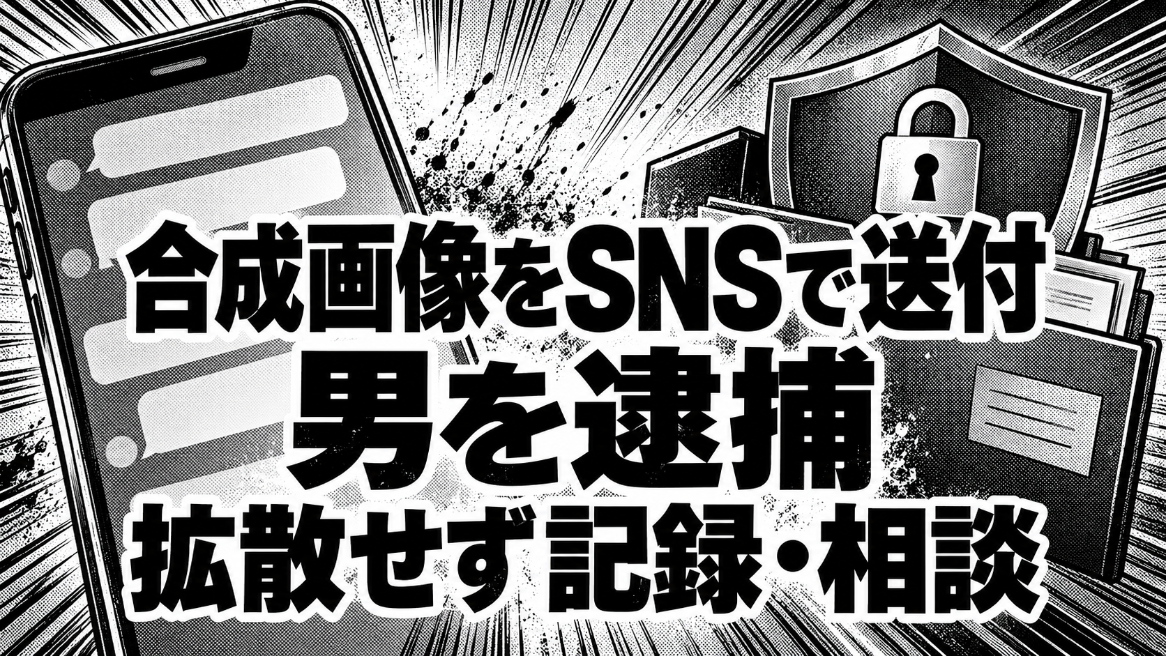 スマートフォンと鍵付きの盾・記録フォルダーを描いた白黒漫画。「合成画像をSNSで送付 男を逮捕 拡散せず記録・相談」の見出し