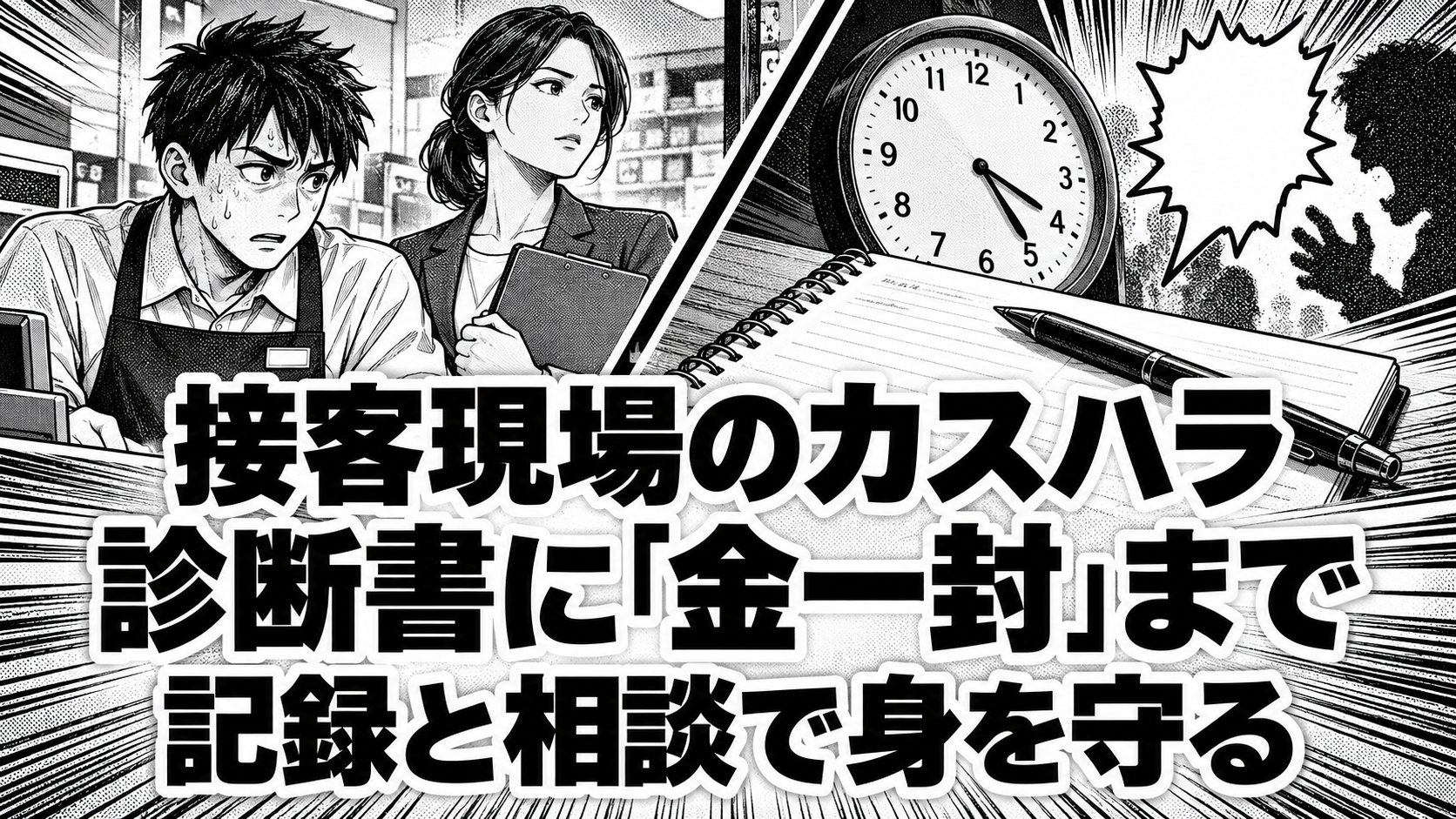 接客現場のカスハラについて、店員と管理者、時計、記録用ノートを描いた白黒漫画。見出しは「接客現場のカスハラ」「診断書に『金一封』まで」「記録と相談で身を守る」。