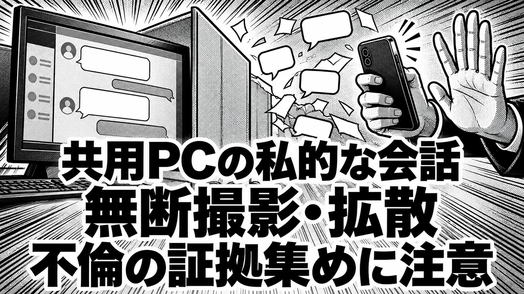 共用PCの私的な会話、撮影するスマートフォン、制止する手を描いた白黒漫画。「共用PCの私的な会話」「無断撮影・拡散」「不倫の証拠集めに注意」の見出し。
