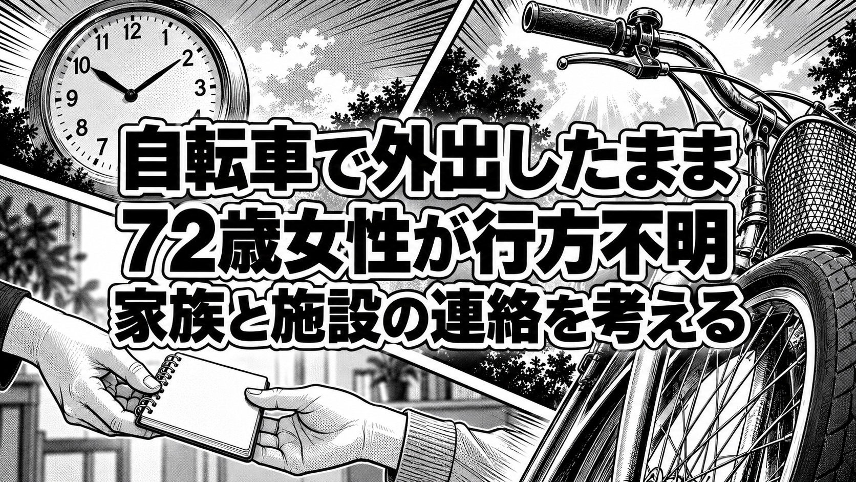 自転車と時計、連絡ノートを受け渡す手を描き、家族と施設の連絡を呼びかける白黒漫画