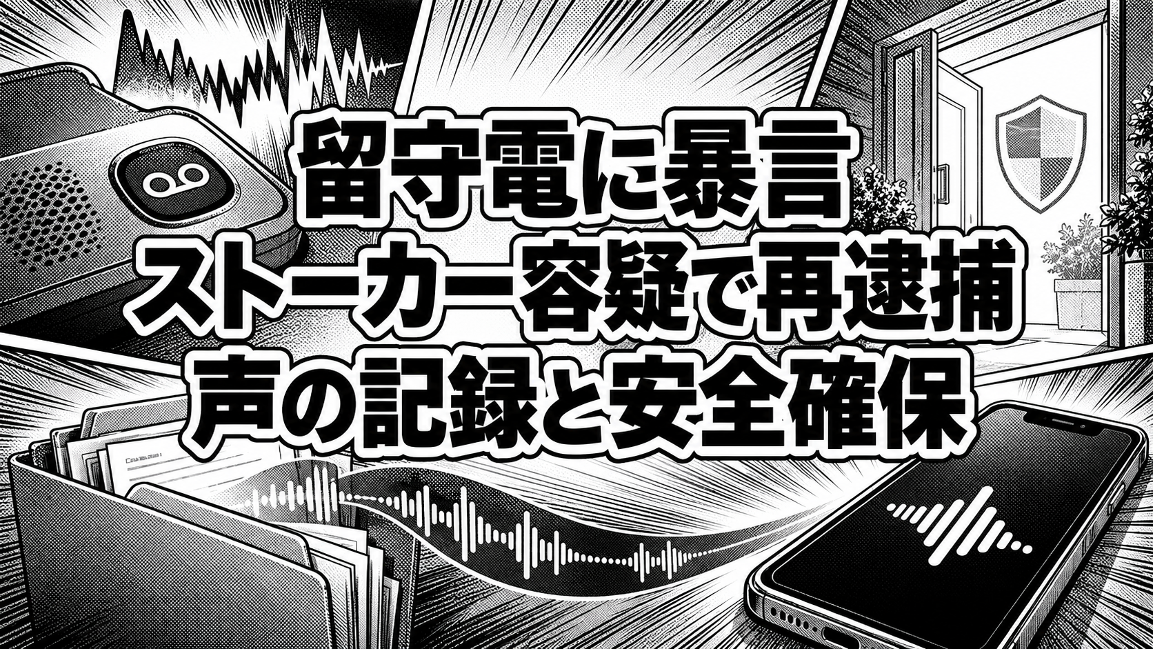 留守電の音声波形をフォルダーへつなぎ、安全な相談先の扉を描いた白黒漫画