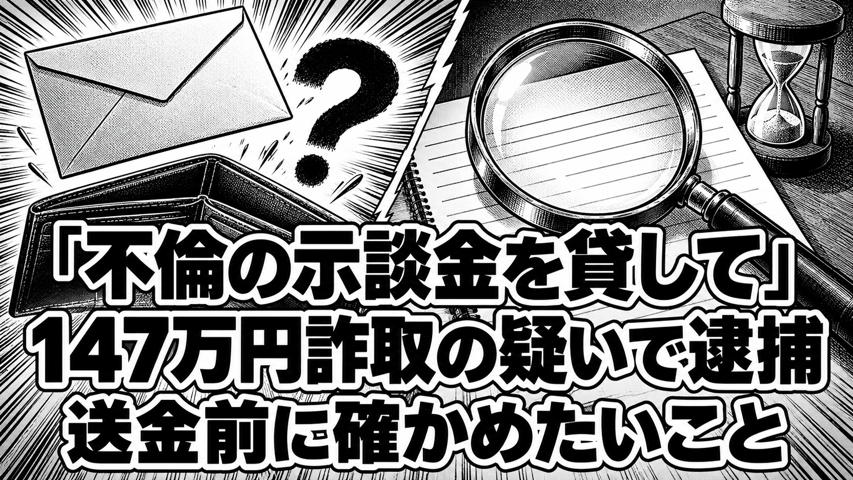 封筒と財布、疑問符、虫眼鏡と砂時計を描き、示談金名目の送金前確認を呼びかける白黒漫画