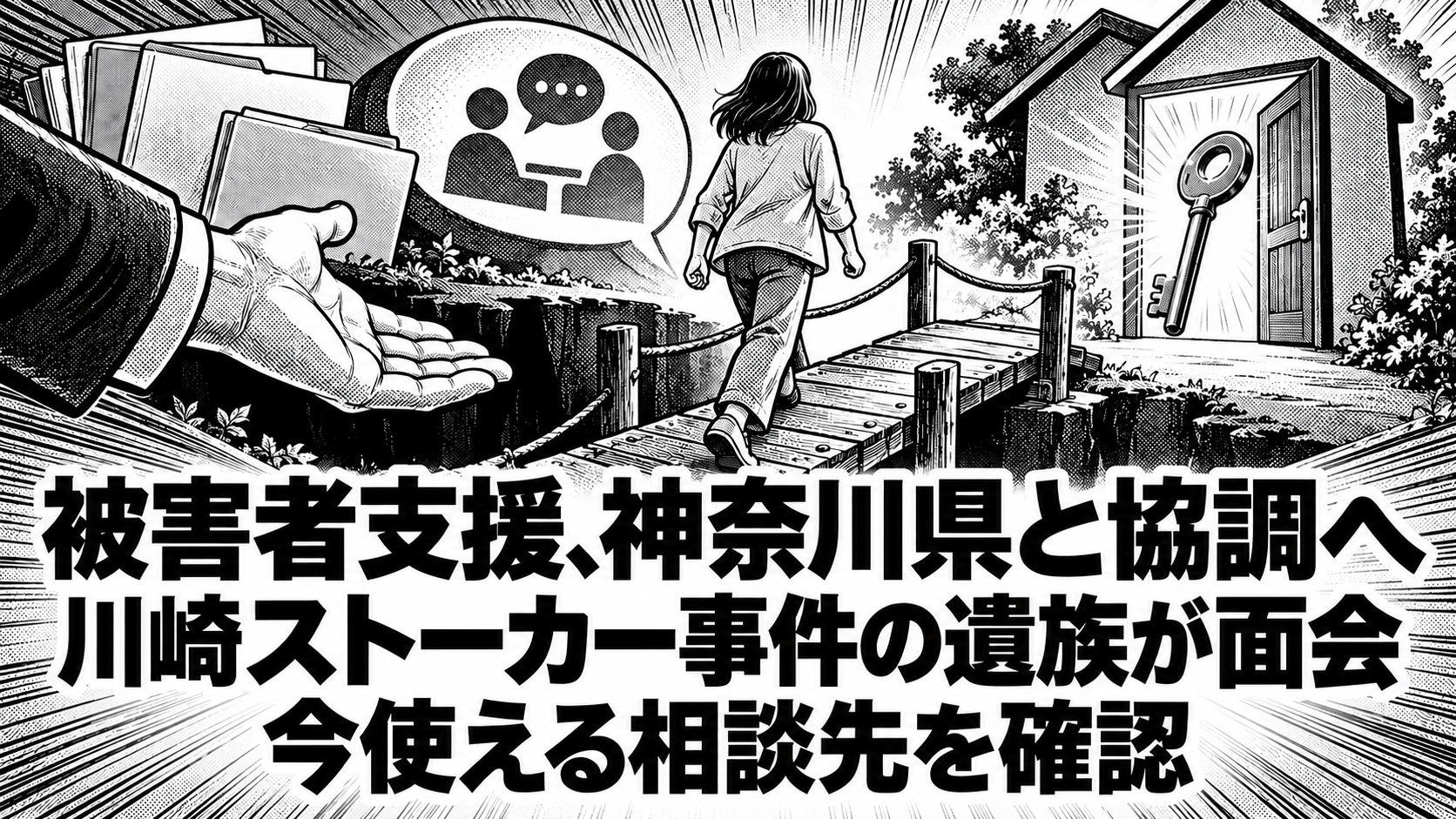 支援の手と橋、住まいの鍵を描き、被害者支援へのつながりを表した白黒漫画