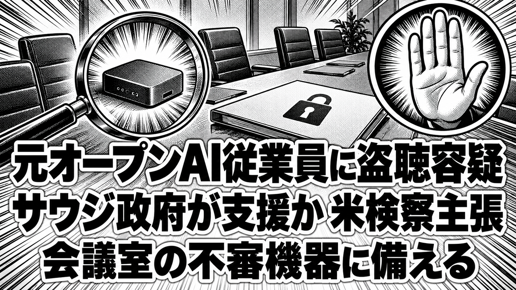 会議室の机、虫眼鏡、鍵付き資料と制止の手を描いた白黒漫画