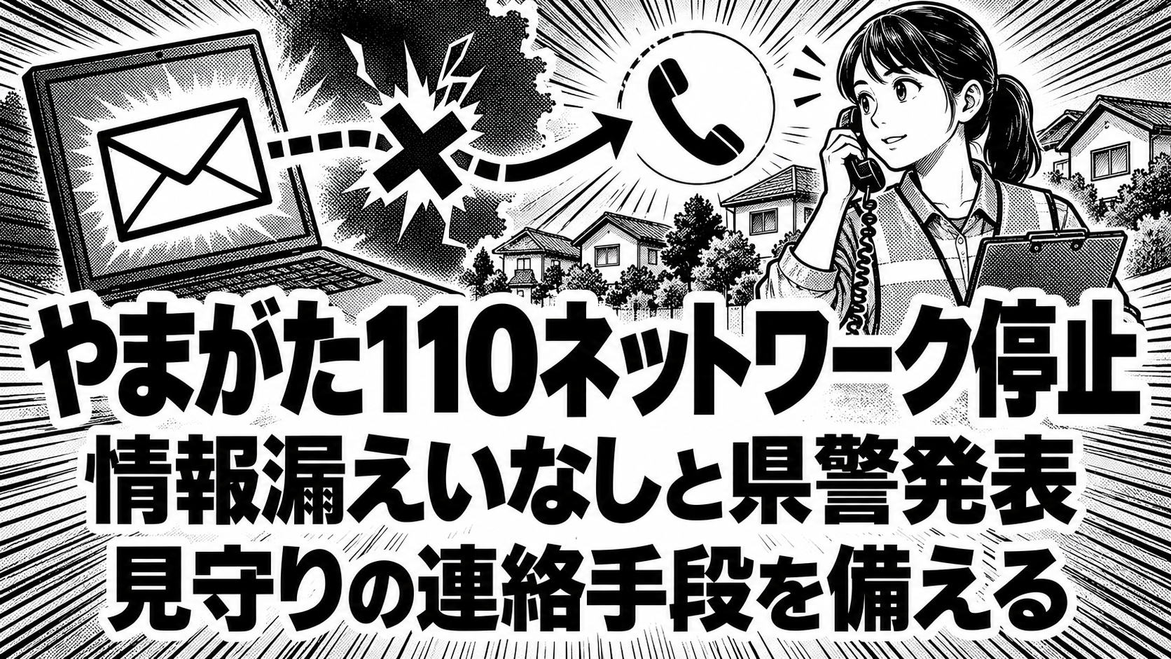 メール配信の停止と電話でつながる地域の見守りを描いた白黒漫画。見出しは「やまがた110ネットワーク停止」「情報漏えいなしと県警発表」「見守りの連絡手段を備える」。