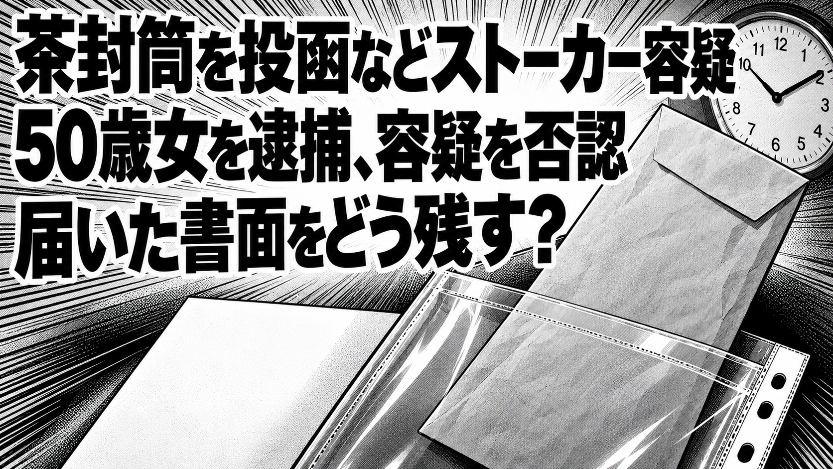 封筒と書面を保存用の透明ポケットにまとめ、発見時刻を示す時計を配した白黒漫画風のイラスト