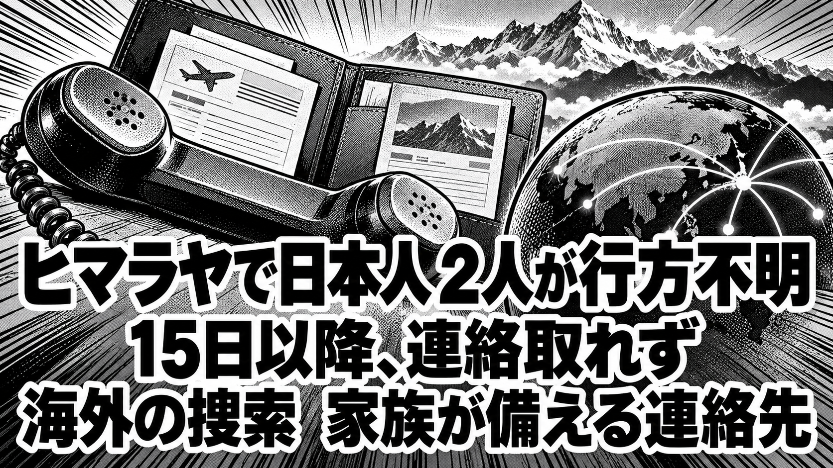 電話の受話器と旅程用のフォルダー、地球儀と抽象的な山並みを組み合わせた白黒漫画風のイラスト
