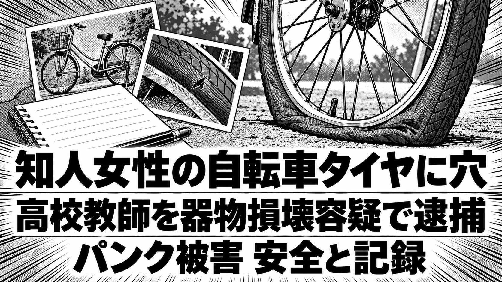 パンクした自転車のタイヤと記録用の写真・ノートを描いた白黒漫画。「知人女性の自転車タイヤに穴」「高校教師を器物損壊容疑で逮捕」「パンク被害 安全と記録」の見出し。