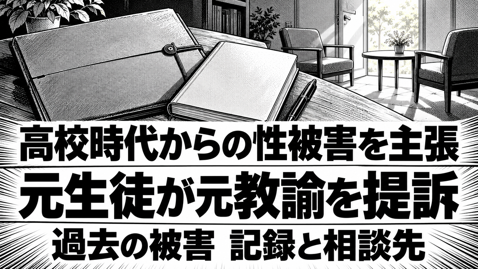 閉じた記録ファイルと手帳、空いた相談用の椅子を描いた白黒漫画。「高校時代からの性被害を主張」「元生徒が元教諭を提訴」「過去の被害 記録と相談先」の見出し。