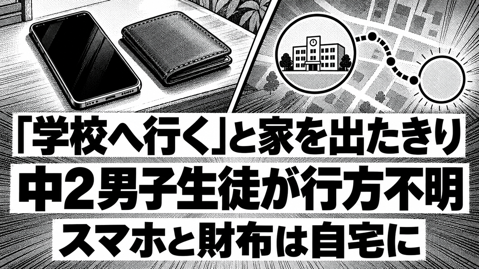 スマホと財布、学校を表す抽象図を描いた白黒漫画。「学校へ行く」と家を出たきり、中2男子生徒が行方不明、スマホと財布は自宅に、の3行の見出し。