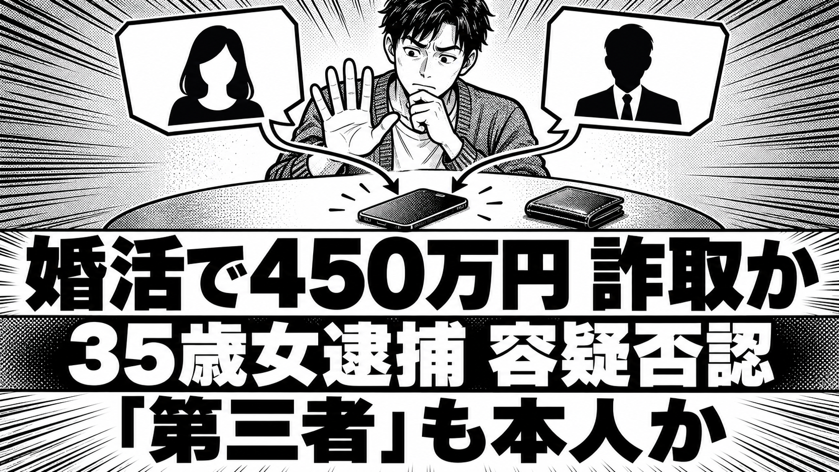 立ち止まる架空の男性と、二つの匿名の人物アイコンから一台の電話へつながる線を描いた白黒漫画。「婚活で450万円 詐取か」「35歳女逮捕 容疑否認」「第三者も本人か」の見出し。