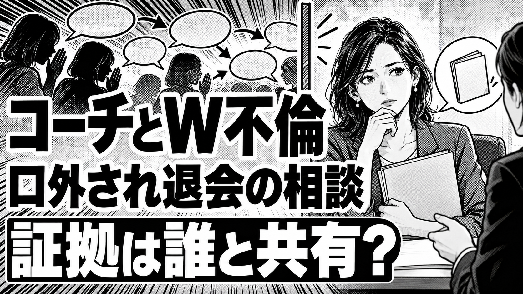 口外された相談をめぐり、書類を持つ架空の女性と情報の拡散を描いた白黒漫画。見出しは「コーチとW不倫」「口外され退会の相談」「証拠は誰と共有？」。