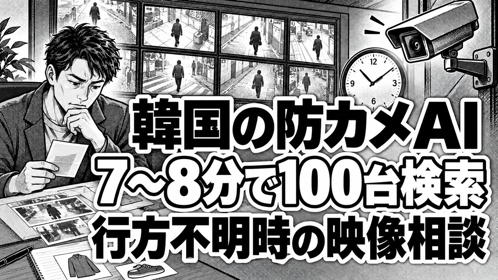 架空の成人男性が資料を整理し、防犯カメラと時計、匿名の歩行者を映した画面を背景にした白黒漫画。見出しは「韓国の防カメAI」「7～8分で100台検索」「行方不明時の映像相談」。
