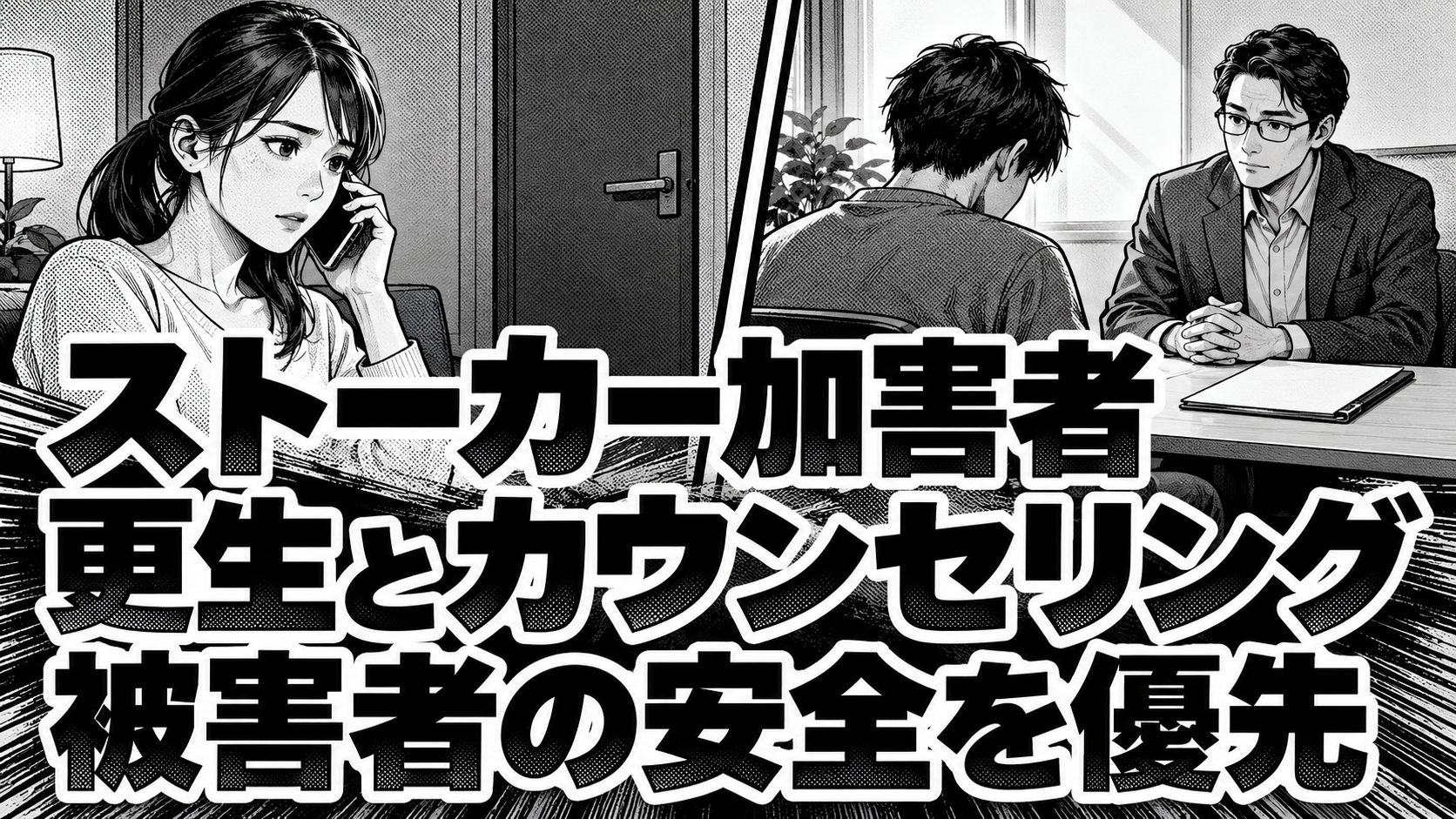 電話で相談する架空の成人女性と、別の場所で専門家に相談する架空の成人男性を分けた白黒漫画。見出しは「ストーカー加害者」「更生とカウンセリング」「被害者の安全を優先」。