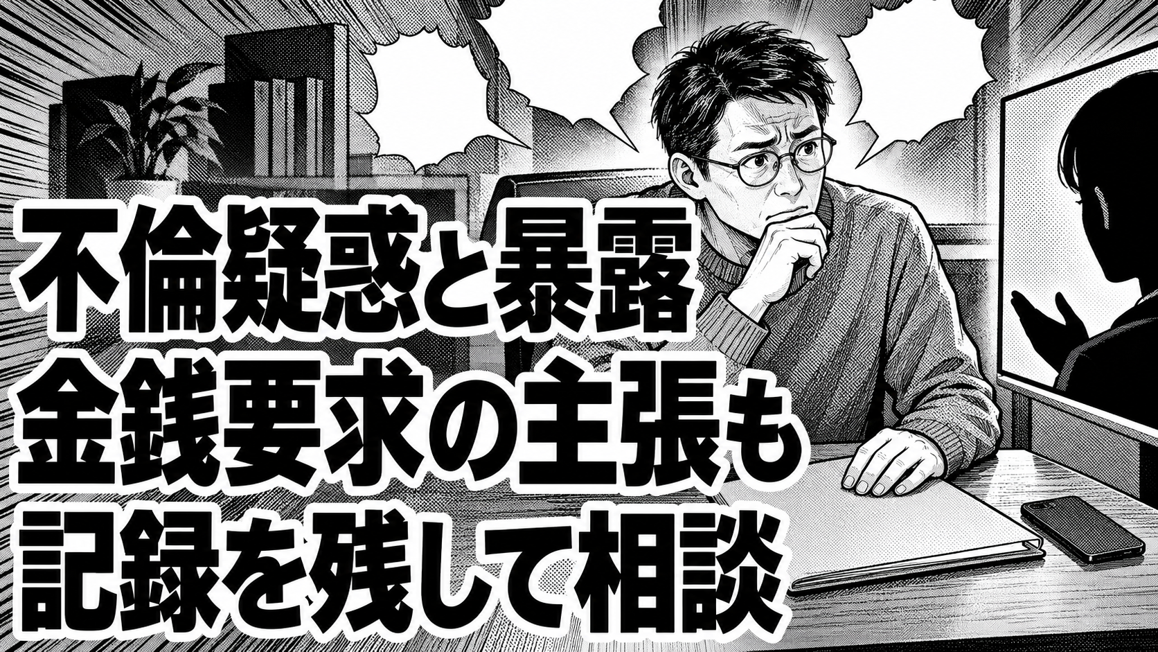 書類と伏せたスマートフォンを前に相談を考える架空の成人男性を描いた白黒漫画。見出しは「不倫疑惑と暴露」「金銭要求の主張も」「記録を残して相談」。
