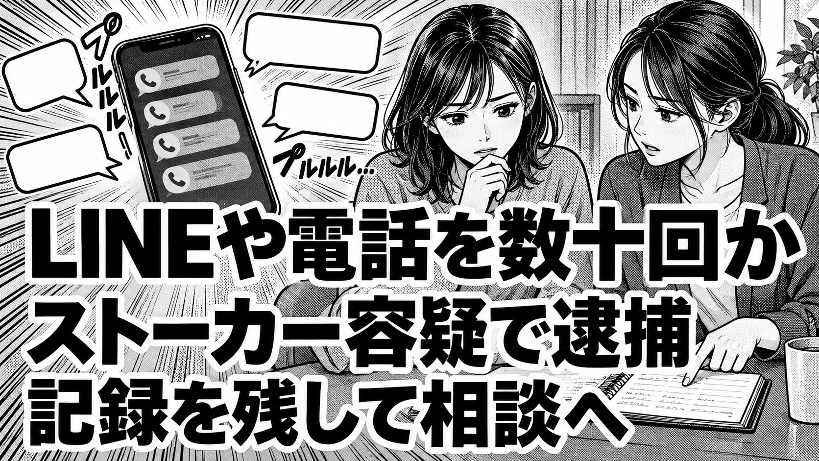 白黒漫画の象徴イラスト。「LINEや電話を数十回か/ストーカー容疑で逮捕/記録を残して相談へ」の見出し