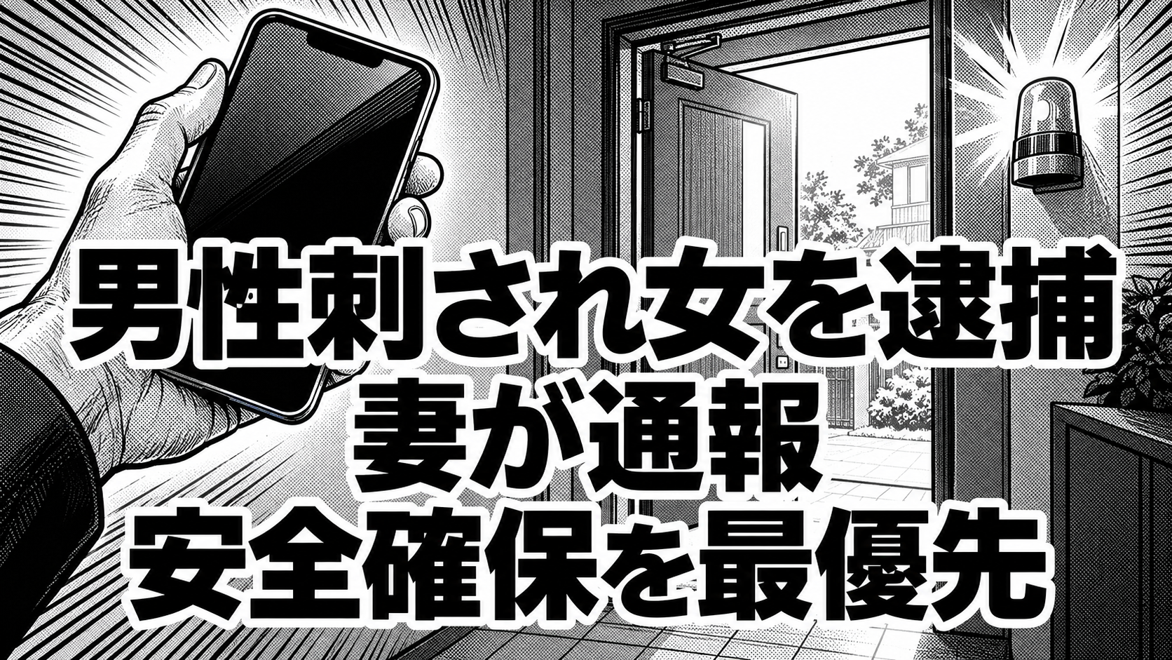 白黒漫画の象徴イラスト。「男性刺され女を逮捕/妻が通報/安全確保を最優先」の見出し