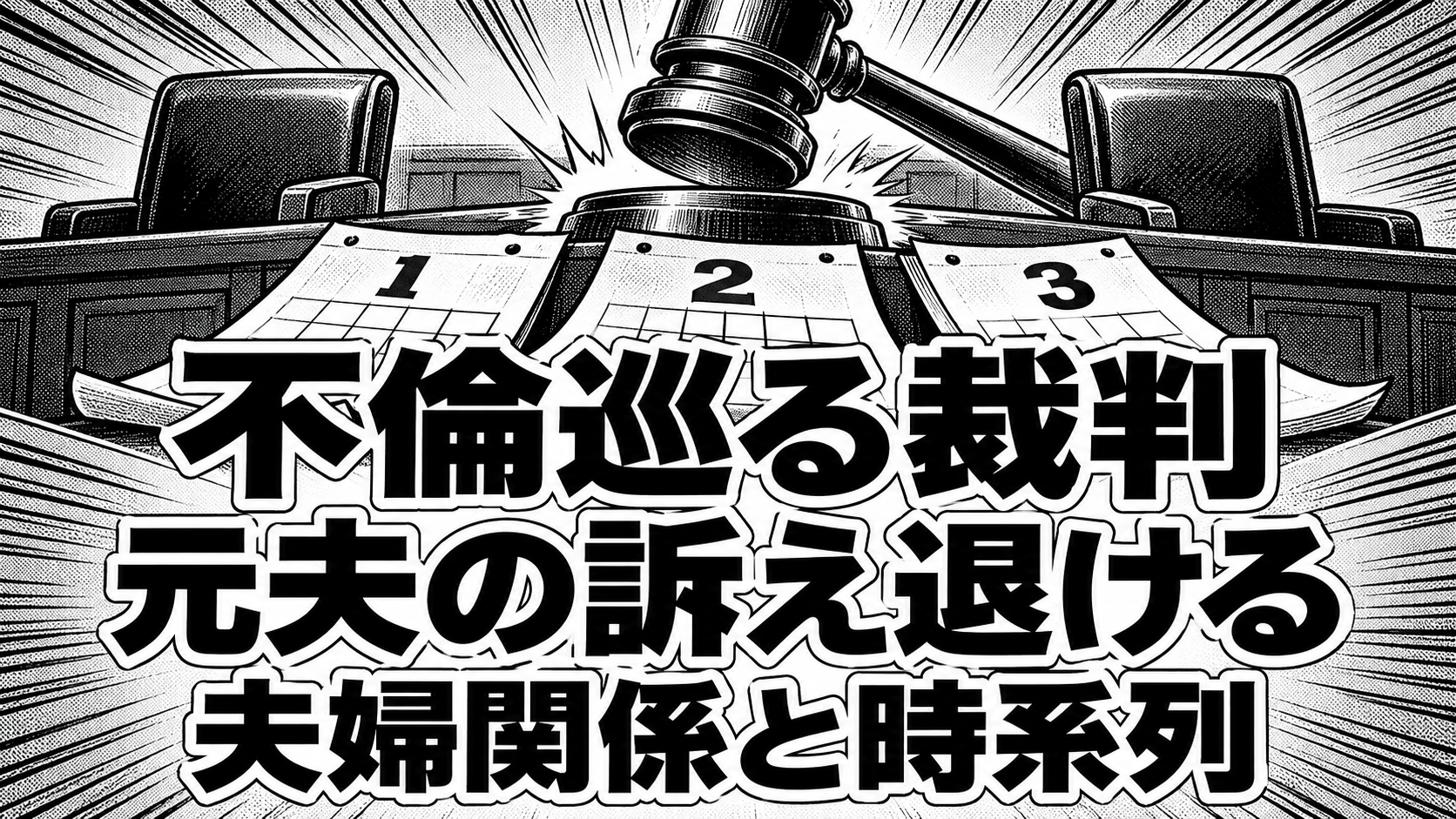 裁判の木槌と日付の紙を描いた白黒漫画。「不倫巡る裁判／元夫の訴え退ける／夫婦関係と時系列」の見出し