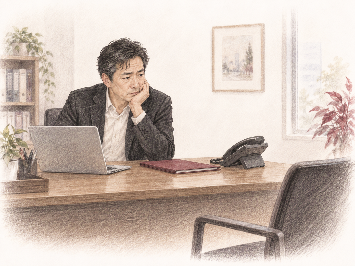 問い合わせを待ちながら、集客に悩む探偵事務所の事業主のイラスト